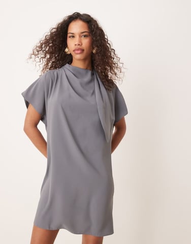 ASOS DESIGN slinky mini dress with neck tie detail in blue grey
