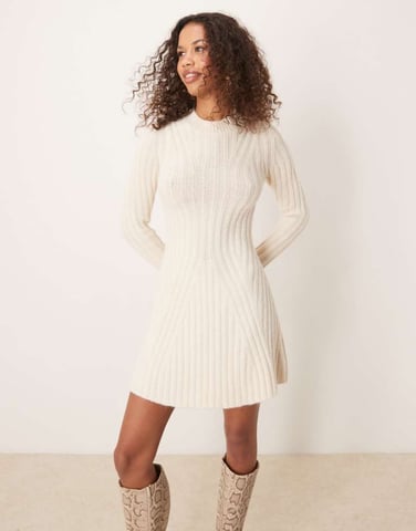 ASOS DESIGN knitted mini dress with rib detail in cream