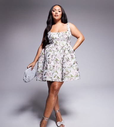 ASOS LUXE Curve jacquard cinched waist skater mini with bow back in vintage floral