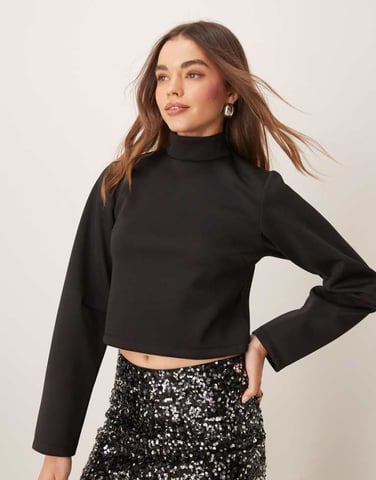 ASOS DESIGN scuba-style fabric high neck cropped top with cocoon sleeve in black