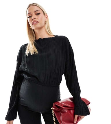 Mamalicious Maternity long sleeved plisse cropped top co-ord in black