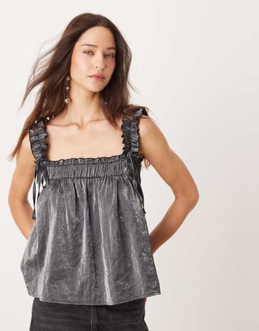 ASOS DESIGN ruffle shoulder cami top in black shimmer