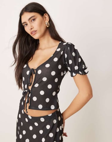 ASOS DESIGN dry handle rib tie front puff sleeve polka dot co ord top in black