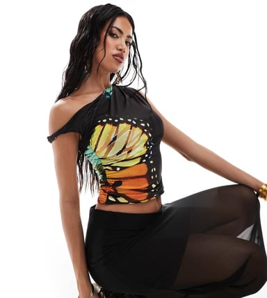 Kaiia exclusive double layered slinky twist detail off shoulder top in black butterfly print