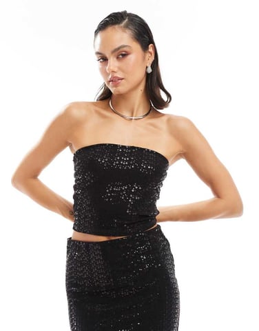 Pieces sequin bandeau mix & match set in black