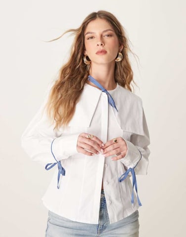 ASOS DESIGN poplinfitted seglarkrage skjorta med rosett detaljer i vitt