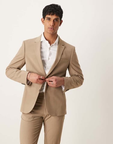 ASOS DESIGN tvättbar smal kostymjacka i lätt worsted ull i beige