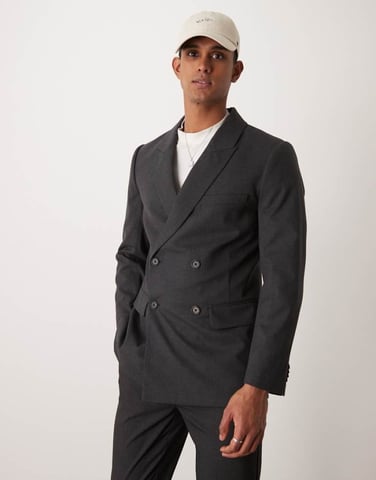 Abercrombie & Fitch double breasted wool blend flannel blazer in charcoal