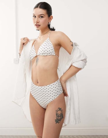 Monki mix and match high waist bikini bottom in white and black polka dot