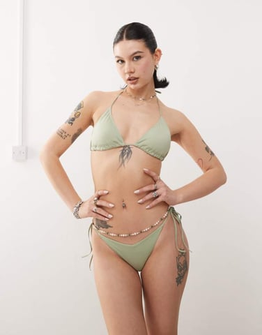 Monki mix and match tie side bikini bottom in sage green