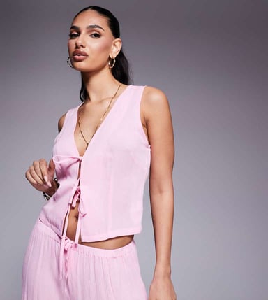 Kaiia exclusive tie front beach waistcoat co-ord in pink