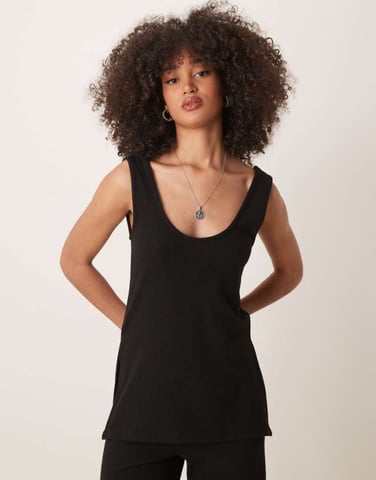 ASOS DESIGN soft touch scoop neck longline vest co-ord in black