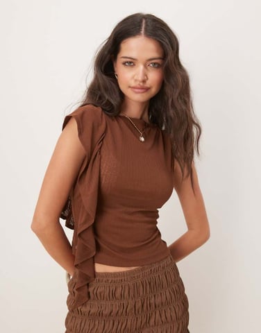 ASOS DESIGN dry handle rib frill detail slash neck top in brown