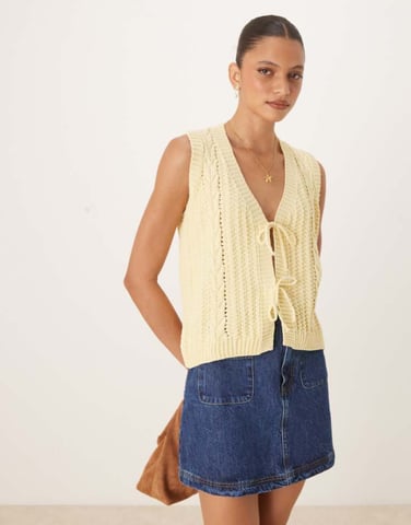 ASOS DESIGN cable knitted tie front vest in buttermilk