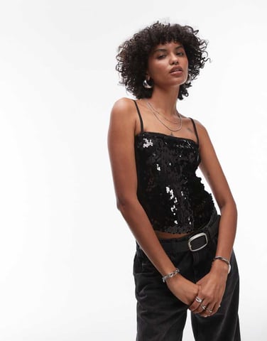 Topshop heavy sequin cami in black
