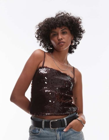 Topshop heavy sequin cami in brown