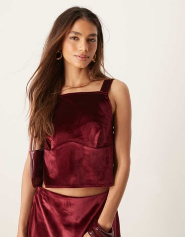 ASOS DESIGN velvet co-ord top with bow straps in burgundy