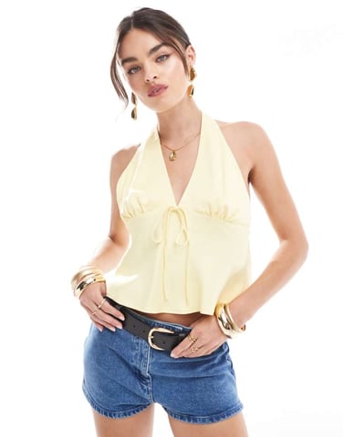 ASOS DESIGN satin bias cut halter top in buttermilk