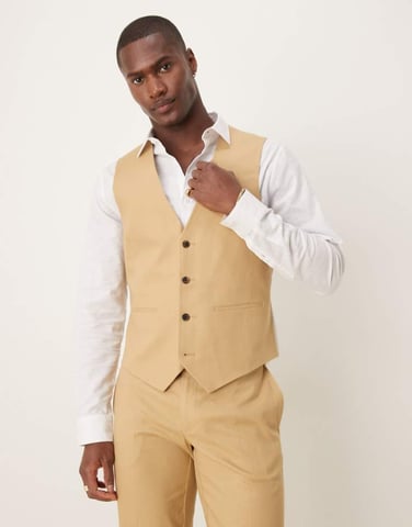 ASOS DESIGN linen blend slim suit waistcoat in beige