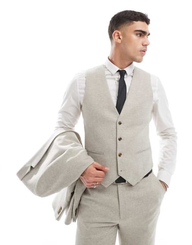 ASOS DESIGN slim suit waistcoat with wool in stone tweed