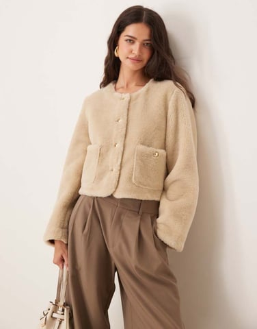 ASOS DESIGN collarless bonded borg jacket in cream