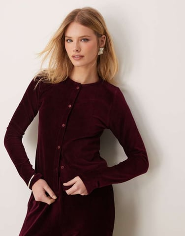 ASOS DESIGN velvet cord cardigan in burgundy