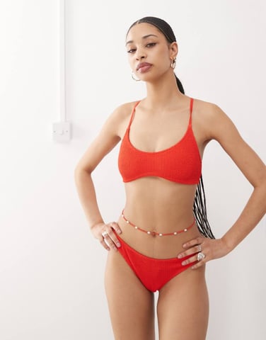 Weekday Sun crinkle scoop neck bikni top in red