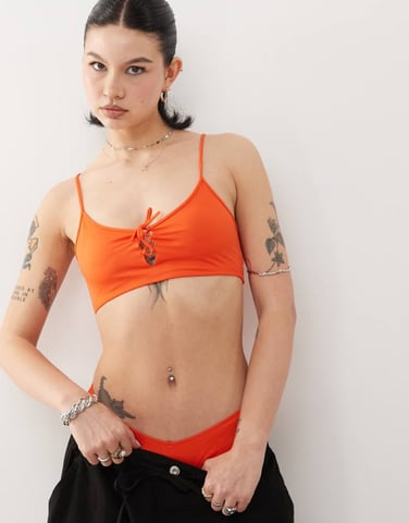 Monki mix and match scoop neck bikini top with tie front detail in peach