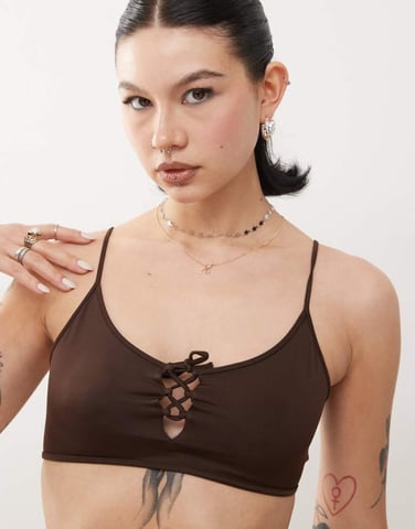 Monki mix and match scoop neck bikini top with tie front detail in dark chocolate brown
