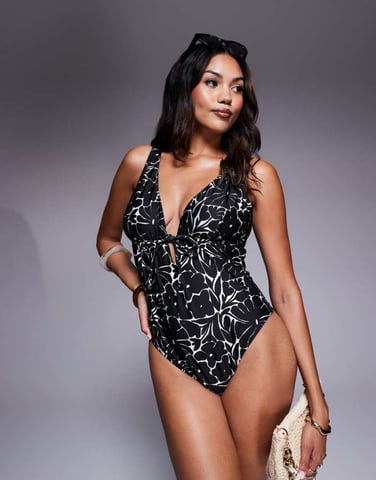 ASOS DESIGN Fuller Bust cut out plunge swimsuit in mono floral print