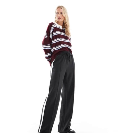 Noisy May Tall wide leg jogger with side stripe in black