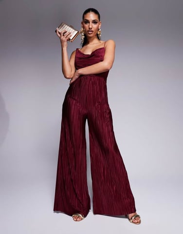 ASOS DESIGN plisse asymmetric drape cami jumpsuit in burgundy