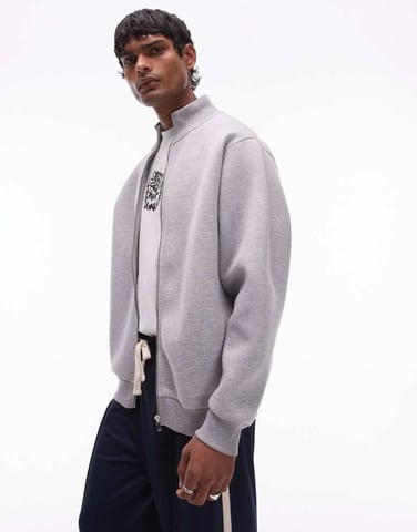 Topman oversized fit heavyweight full zip through in grey marl in scuba-style fabric