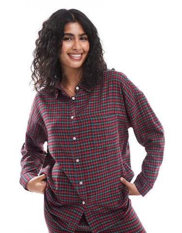 Cotton On relaxed flannel pyjama shirt in red micro check set