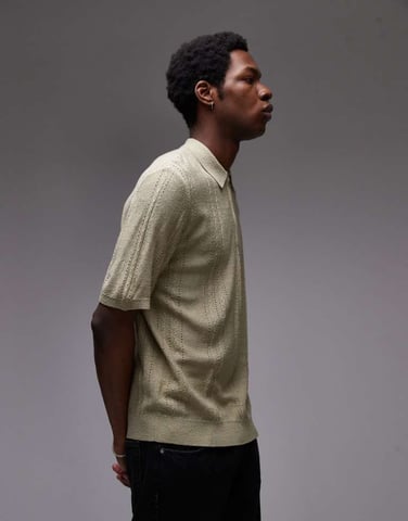 Topman knitted short sleeve1/4 zip textured polo shirt in sage