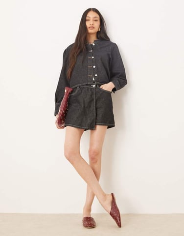 ASOS DESIGN denim mini skort in black ecru