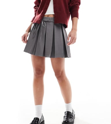 ONLY Petite tie waist pleated mini skirt in grey