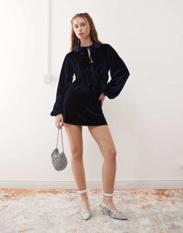 Reclaimed Vintage velvet party mini skirt co-ord in navy