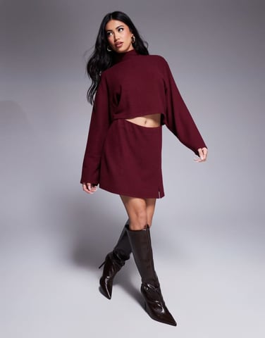 ASOS DESIGN co-ord jersey ribbed mini skirt with split detail in burgundy