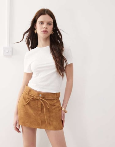 Monk western faux suede low waist mini skirt with tie waist detail in tan