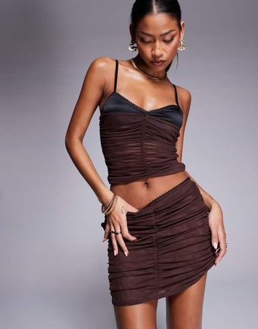 ASOS DESIGN co-ord ruched mesh mini skirt in chocolate