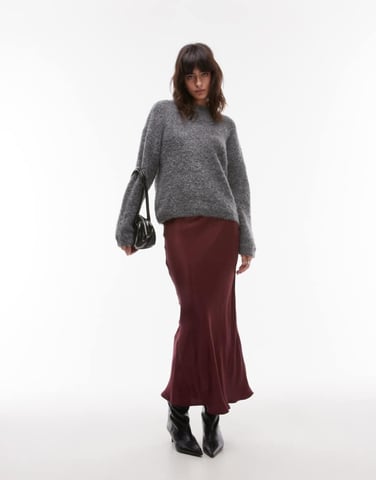 Topshop satin snedskuren midikjol i burgundy