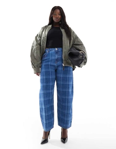 ASOS DESIGN Curve slim barrel jeans in check print