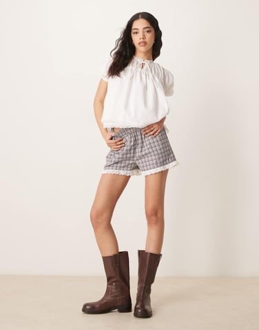 ASOS DESIGN lace trim shorts in brown check