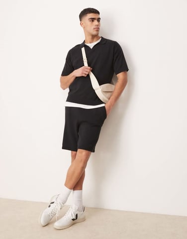 ASOS DESIGN oversized midweight knitted cotton shorts co-ord in black