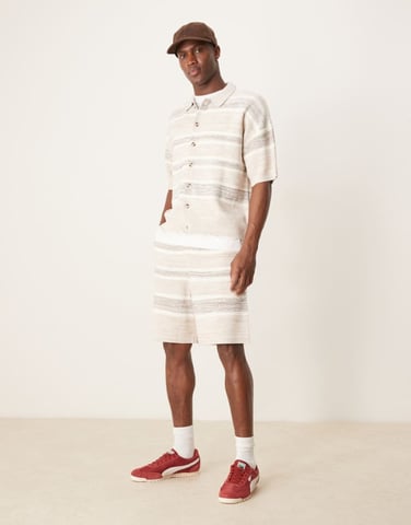 ASOS DESIGN oversized knitted space dye shorts co-ord in beige