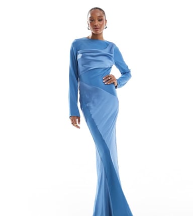 ASOS DESIGN Tall cowl neck satin chiffon mix long sleeve maxi dress in blue