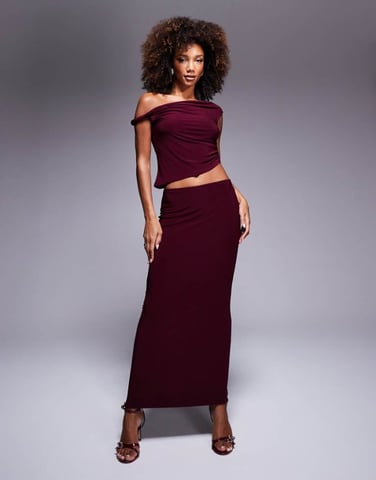 ASOS DESIGN co-ord slinky maxi skirt in burgundy