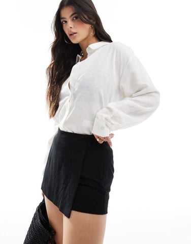 ASOS DESIGN linen look wrap skort in black