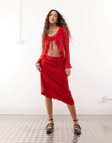 Reclaimed Vintage flocked mesh midi skirt co-ord in cherry red